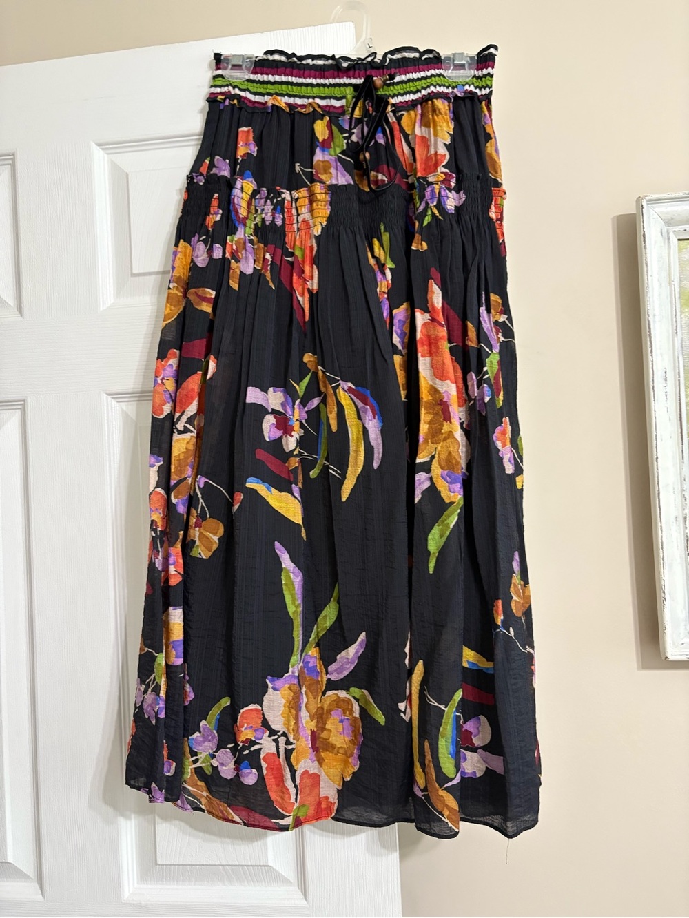 THML Floral Maxi Skirt Black Multicolor Smocked Waist Size S NWT